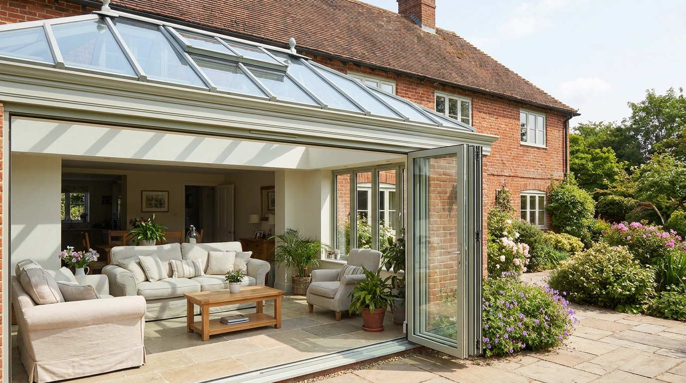 A bright modern conservatory attached to a UK home, with solar-control glass roof and bifold doors